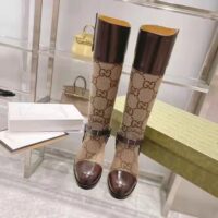 Gucci Women Knee-High Boot Harness Beige Ebony Maxi GG Canvas Interlocking G (3)