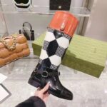 Gucci Women Knee-High Optical Print Boot Black Brown Leather Interlocking G - Imagen 8
