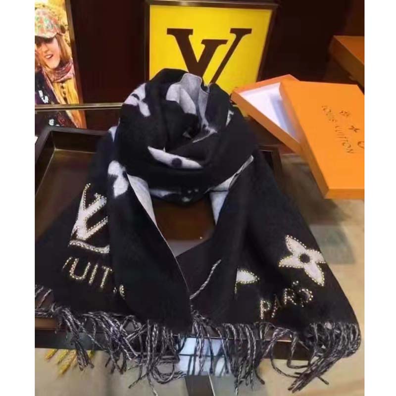 LOUIS VUITTON Cashmere Monogram Reykjavik Scarf Black 1202678