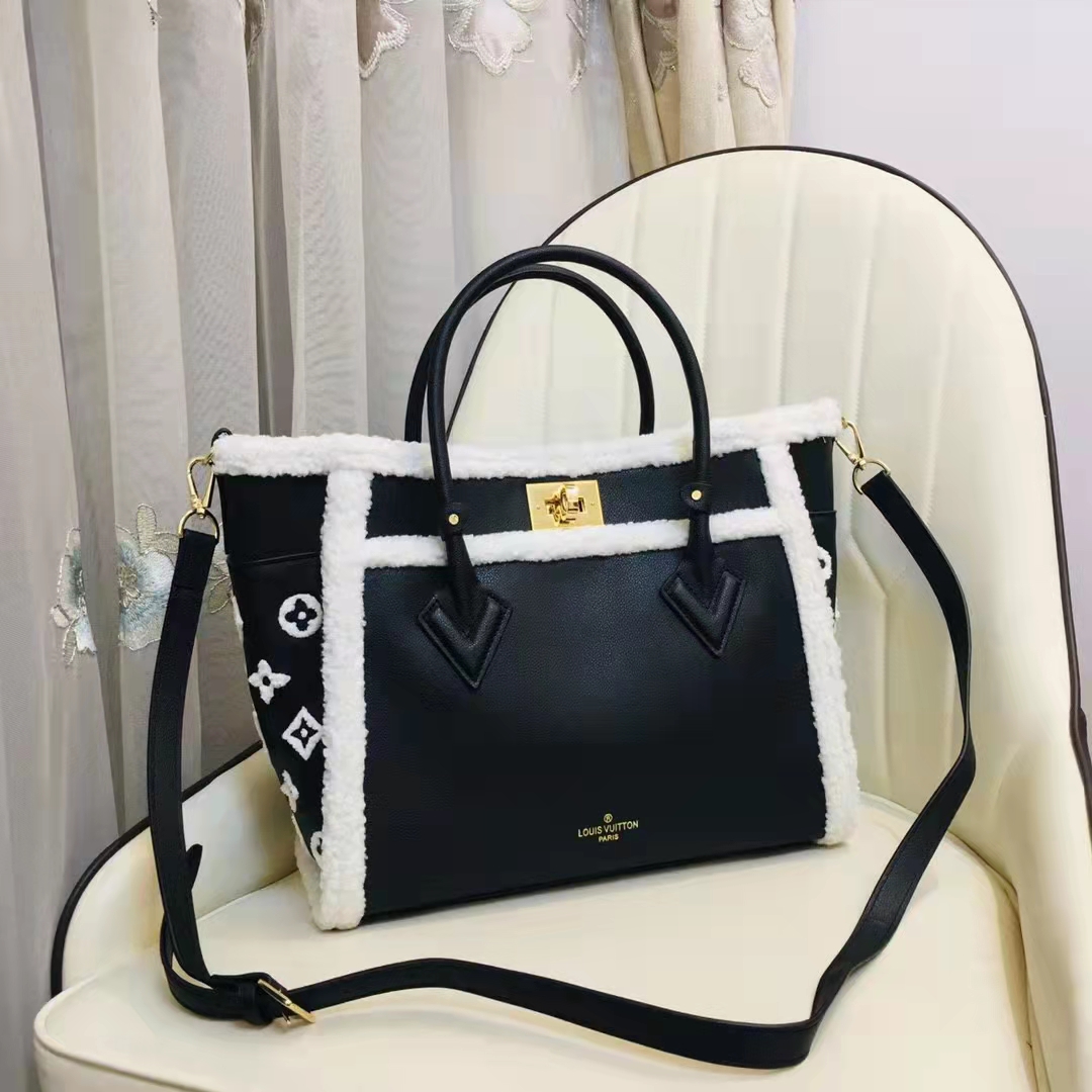 Louis Vuitton Black Grained Calfskin & White Shearling Monogram on My Side mm - Handbag | Pre-owned & Certified | used Second Hand | Unisex