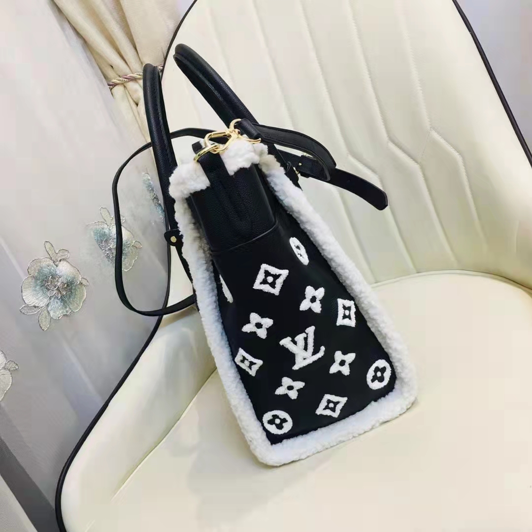 Louis Vuitton Black Grained Calfskin & White Shearling Monogram on My Side mm - Handbag | Pre-owned & Certified | used Second Hand | Unisex