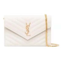 Saint Laurent YSL Women Monogram Chevron Quilted Chain Wallet-White