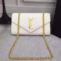 Saint Laurent YSL Women Monogram Chevron Quilted Chain Wallet-White