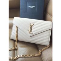 Saint Laurent YSL Women Monogram Chevron Quilted Chain Wallet-White