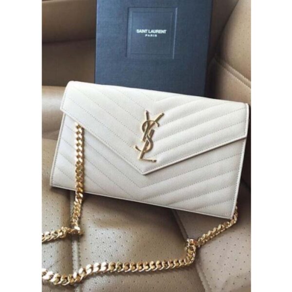 Saint Laurent YSL Women Monogram Chevron Quilted Chain Wallet-White (11)