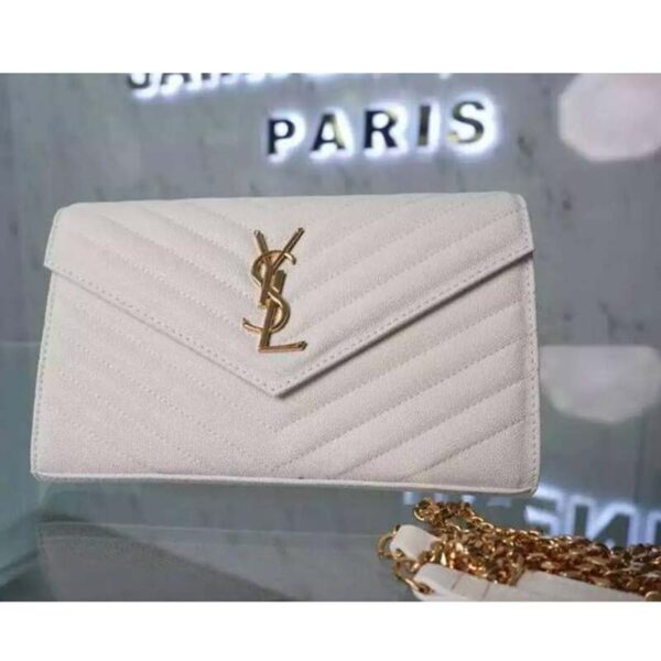 Saint Laurent YSL Women Monogram Chevron Quilted Chain Wallet-White (12)