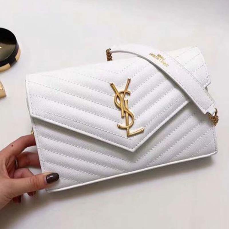 Auth Saint Laurent Long Wallet YSL Monogram Large Flap White Leather  H3.9”×W7.5”