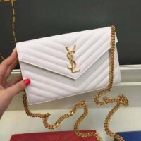 Saint Laurent YSL Women Monogram Chevron Quilted Chain Wallet-White