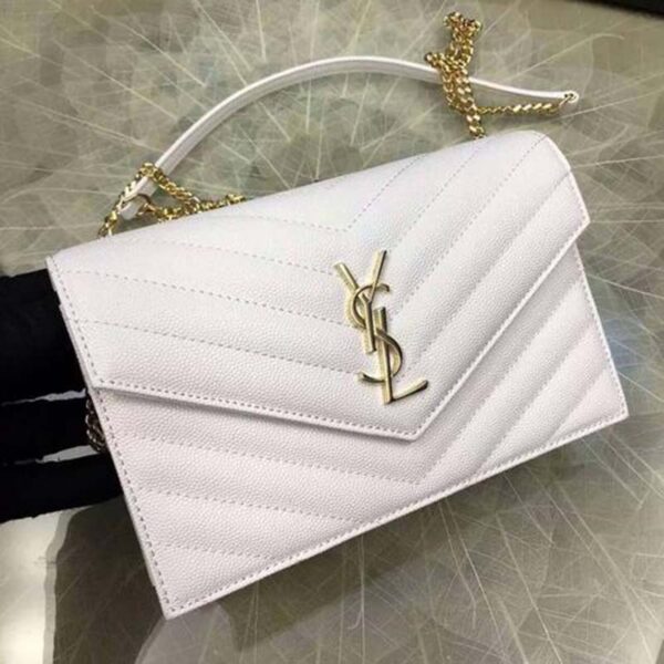 Saint Laurent YSL Women Monogram Chevron Quilted Chain Wallet-White (6)