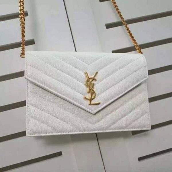 Saint Laurent YSL Women Monogram Chevron Quilted Chain Wallet-White (7)