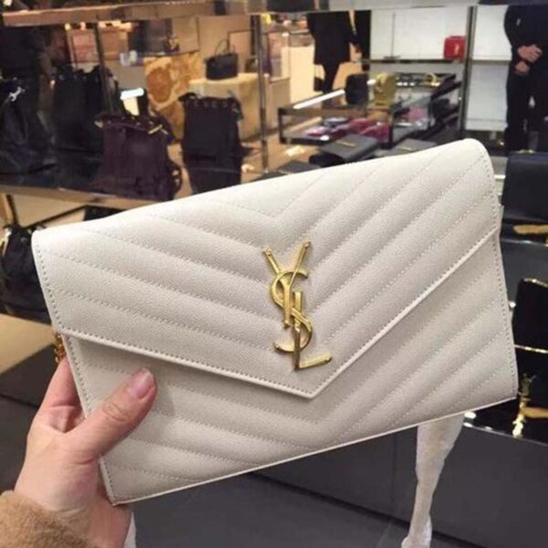 Saint Laurent YSL Women Monogram Chevron Quilted Chain Wallet-White (8)