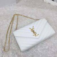 Saint Laurent YSL Women Monogram Chevron Quilted Chain Wallet-White