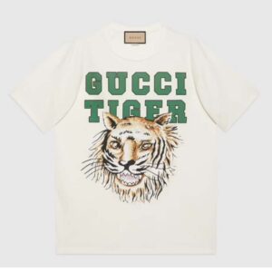 Gucci GG Men Gucci Tiger Cotton T-Shirt White Cotton Jersey Crewneck