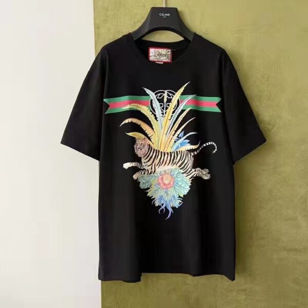 Gucci GG Men Gucci Tiger Flower T-shirt Black Cotton Jersey Crewneck (1)