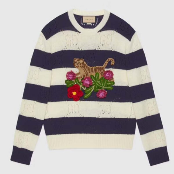 Gucci GG Men Gucci Tiger Wool Sweater Embroidery Tiger Flower Crewneck (8)