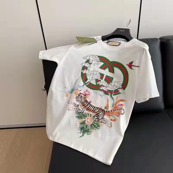 Gucci GG Men Tiger Flower Interlocking G T-Shirt Off-White Cotton Jersey Crewneck Oversize Fit (5)