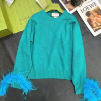 Gucci GG Women Detachable Feathers Wool Sweater Double G Embroidery Crewneck (1)