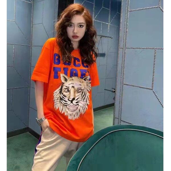 Gucci GG Women Gucci Tiger Cotton T-Shirt Orange Jersey Crewneck (3)