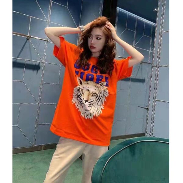 Gucci GG Women Gucci Tiger Cotton T-Shirt Orange Jersey Crewneck (6)