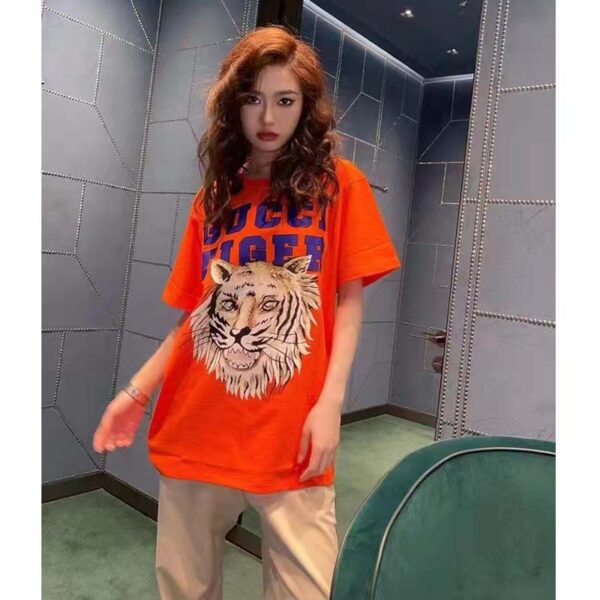 Gucci GG Women Gucci Tiger Cotton T-Shirt Orange Jersey Crewneck (9)