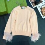 Gucci GG Women Silk Mohair Sweater Feathers Beige Double G Embroidery Crewneck - Bild 2