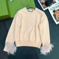 Gucci GG Women Silk Mohair Sweater Feathers Beige Double G Embroidery Crewneck (4)