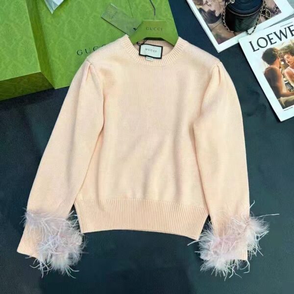 Gucci GG Women Silk Mohair Sweater Feathers Beige Double G Embroidery Crewneck (2)