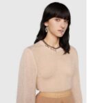 Gucci GG Women Silk Mohair Sweater Feathers Beige Double G Embroidery Crewneck - Bild 7