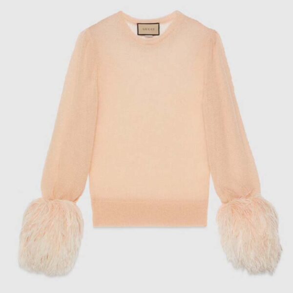 Gucci GG Women Silk Mohair Sweater Feathers Beige Double G Embroidery Crewneck (4)