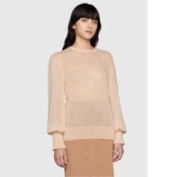 Gucci GG Women Silk Mohair Sweater Feathers Beige Double G Embroidery Crewneck (4)