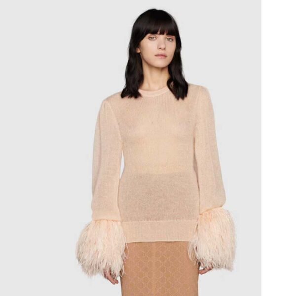 Gucci GG Women Silk Mohair Sweater Feathers Beige Double G Embroidery Crewneck (7)