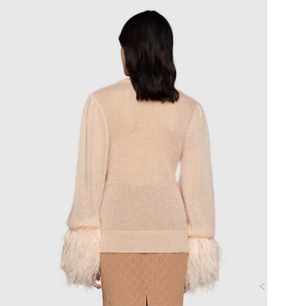 Gucci GG Women Silk Mohair Sweater Feathers Beige Double G Embroidery Crewneck (9)