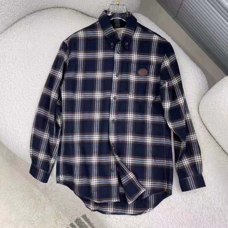 Gucci Men Check Wool Shirt Blue Yellow Check Leather Interlocking G Tag
