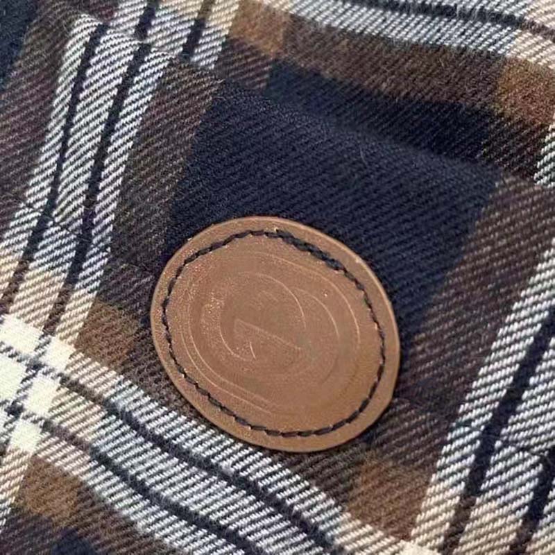 Gucci Women Check Wool Shirt Blue Yellow Check Leather Interlocking G Tag