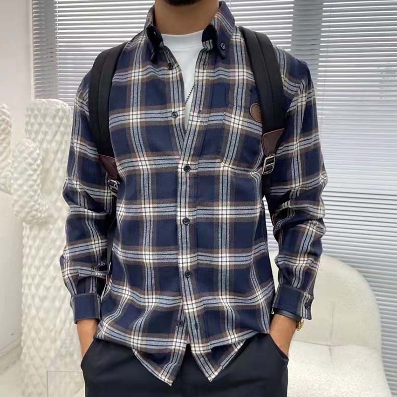 Gucci Men Check Wool Shirt Blue Yellow Check Leather Interlocking G Tag