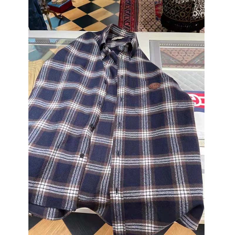 Gucci Men Check Wool Shirt Blue Yellow Check Leather Interlocking G Tag