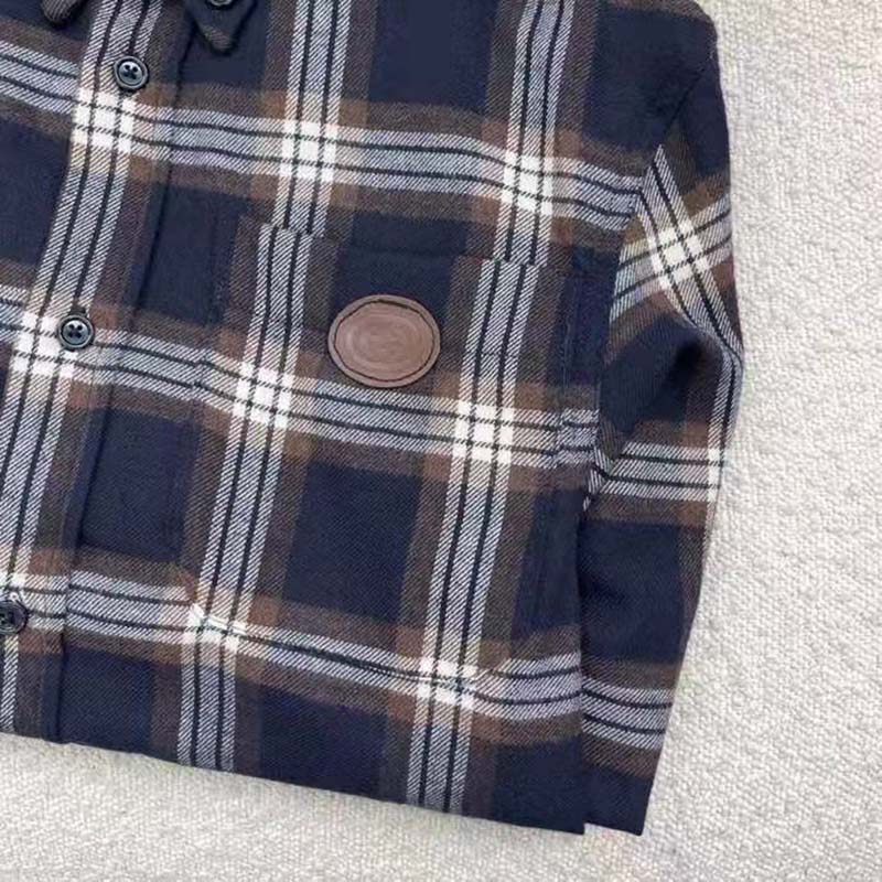 Gucci Men Check Wool Shirt Blue Yellow Check Leather Interlocking G Tag