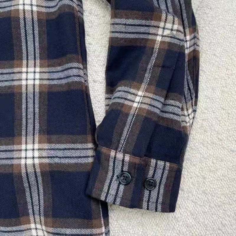 Gucci Men Check Wool Shirt Blue Yellow Check Leather Interlocking G Tag