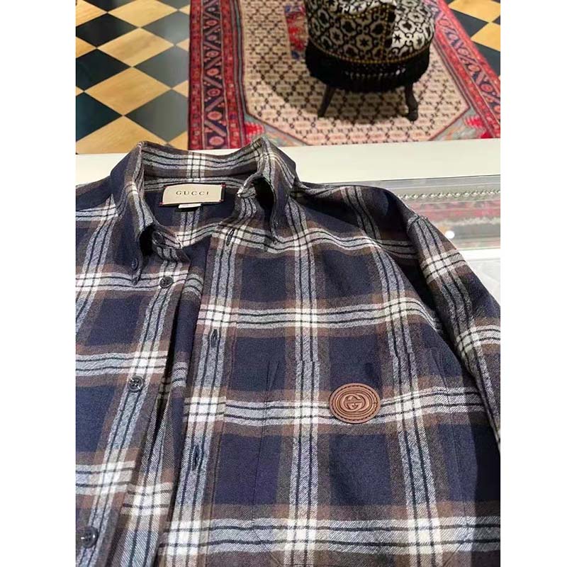 Gucci Men Check Wool Shirt Blue Yellow Check Leather Interlocking G Tag