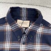 Gucci Men Check Wool Shirt Blue Yellow Check Leather Interlocking G Tag (1)