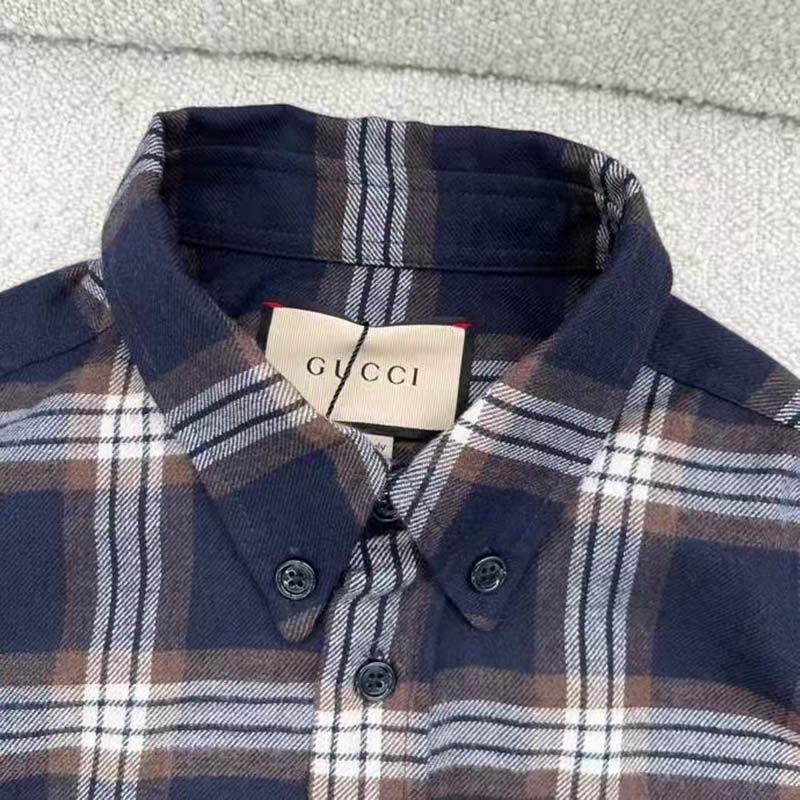 Gucci Men Check Wool Shirt Blue Yellow Check Leather Interlocking G Tag