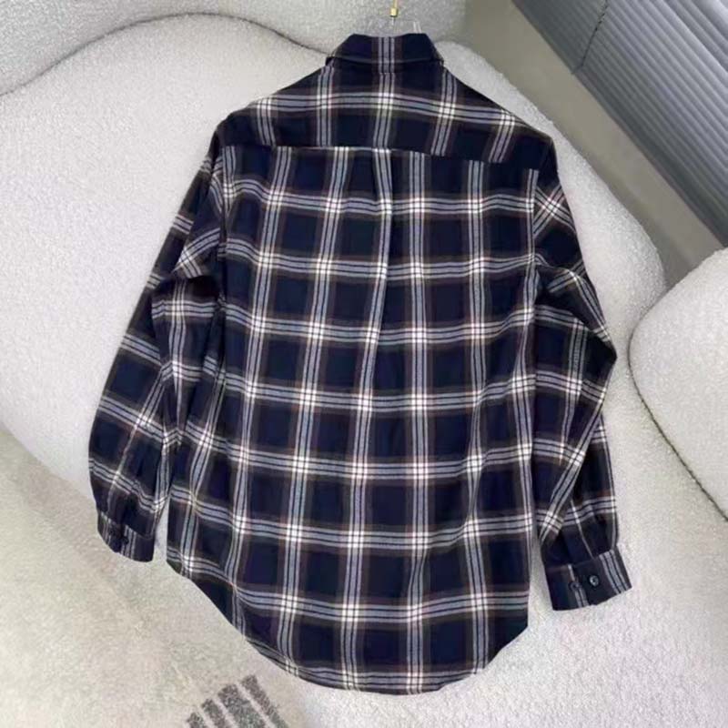 Gucci Men Check Wool Shirt Blue Yellow Check Leather Interlocking G Tag