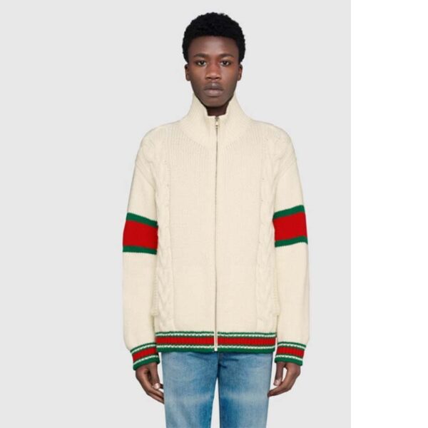 Gucci Men GG Cable Knit Bomber Jacket Off-White Cable Knit Wool (12)