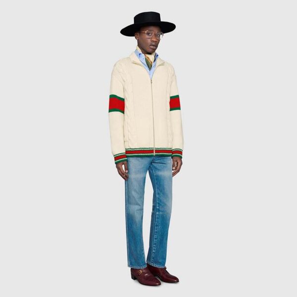 Gucci Men GG Cable Knit Bomber Jacket Off-White Cable Knit Wool