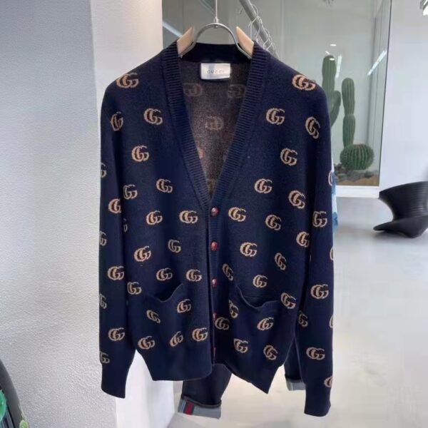 Gucci Men GG Knit Cashmere Jacquard Cardigan Blue Beige Long Sleeves V-Neck (1)