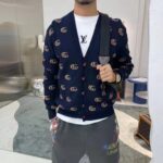 Gucci Men GG Knit Cashmere Jacquard Cardigan Blue Beige Long Sleeves V-Neck - Image 7