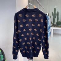 Gucci Women GG Knit Cashmere Jacquard Cardigan Blue Beige Long Sleeves V-Neck