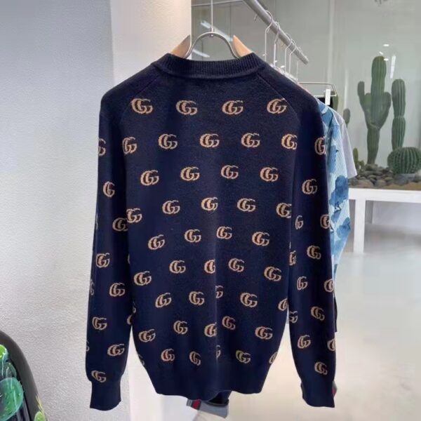 Gucci Men GG Knit Cashmere Jacquard Cardigan Blue Beige Long Sleeves V-Neck (7)