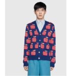 Gucci Men GG Les Pommes Cotton Cardigan Dark Blue Red Apple Knit Cotton Jacquard - Image 11