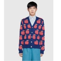 Gucci Men GG Les Pommes Cotton Cardigan Dark Blue Red Apple Knit Cotton Jacquard (2)